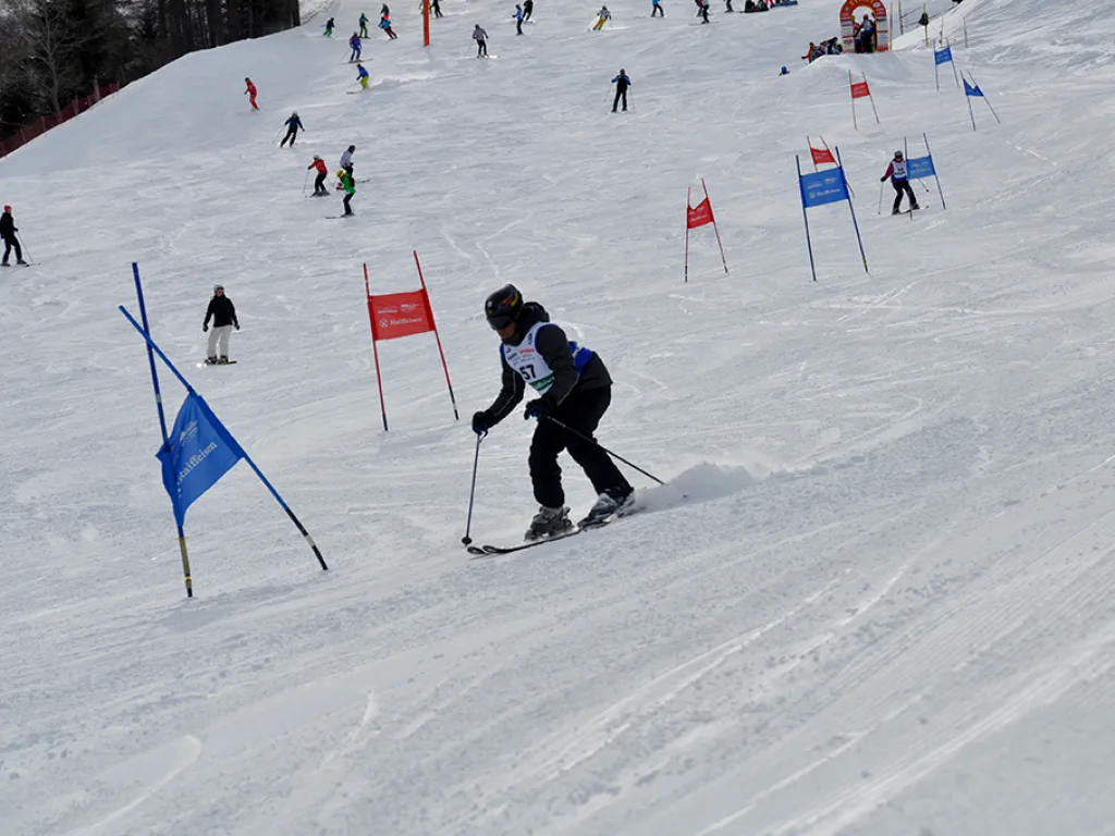 Skifahrerin fährt an den Toren vorbei, oben warten weitere Startende.
